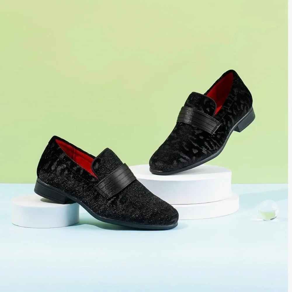 Bruno Mark PU Velvet Boys Black Dress Shoes Loafers with Red Lining size 13